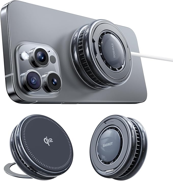 TORRAS PolarCircle Qi2 Wireless Charger, 15W Cooling Magnetic Pad for Samsung Galaxy S26, Wireless Charger for iPhone 17/16/15/14 with 360°Spin Stand, Semiconductor Game Cooler, with 5ft Type-C Cable