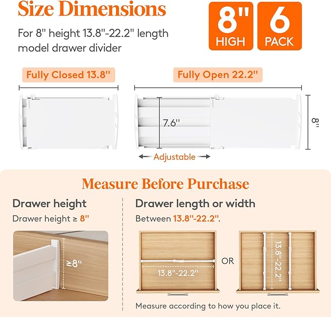 Lifewit 8" Tall 6 Pack Drawer Dividers, 35-56.5cm/13.8-22.2" Expandable Drawer Divider for Clothes, Adjustable Dresser Drawer Organizers, Drawers Separators for Dresser/Bathroom/Closet/Kitchen White