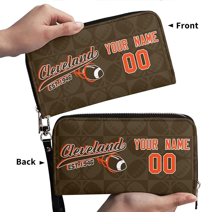 Custom Sports Team Zip Organizer Wallet-Personalized PU Leather Wallet with Name Number,Multi-Card Slots,Wrist Strap,Fan Gift for Men Women.