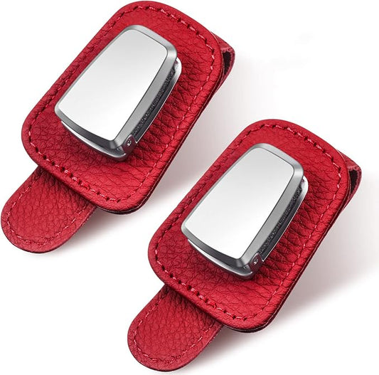 Mudder 2 Packs Sunglasses Holder for Car Universal Visor Sunglasses Holder Clip Leather Eyeglasses Hanger and Ticket Card Clip Eyeglasses Mount for Car(Red)