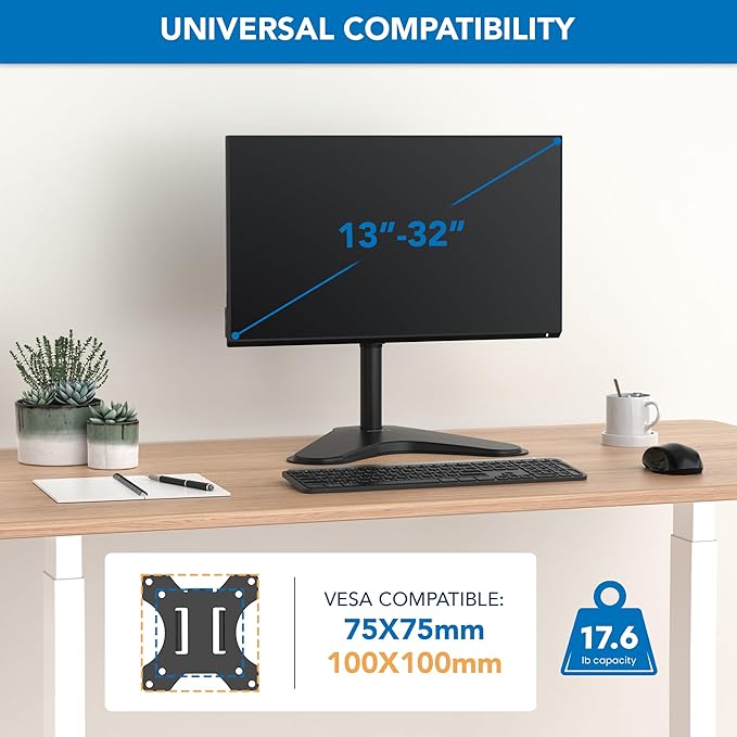 Mount-It! Free Standing Monitor Stand for Desktops | Single Monitor Mount | VESA 75 100 Compatible Displays | Height Adjustable Tilt Swivel Rotating | Fits 21.5 23 24 27 28 29 32 Inch Computer Screen