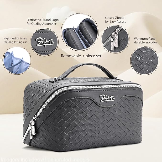 BOYATU Travel Makeup Bag Cosmetic Bags for Women: Large Capacity 3 Pcs Set Make up Bag with Compartments - Waterproof Vegan Leather Toiletry Organizer Bags with Handle (L07Grey)