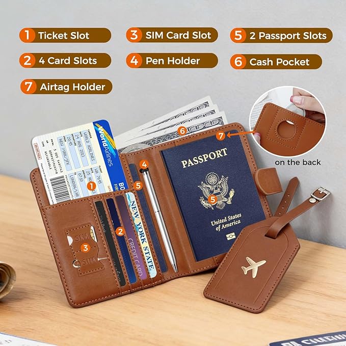 Melsbrinna Rfid Passport Holder for Travel women/Men Set Travel Suitcase Tag, Cute Passport Wallet Rfid Blocking Card Slots, Rfid Passport Cover/CaseTravel Wallet (A-brown)