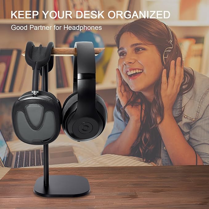 Gvoears Upgraded Headphone Stand, Walnut Wood Headphone Stands Headset Holder for Desk, Support Dual Headsets Suspension, Aluminum Alloy Support Rod Hanger, Dual Headphones Stand with Great Stablity