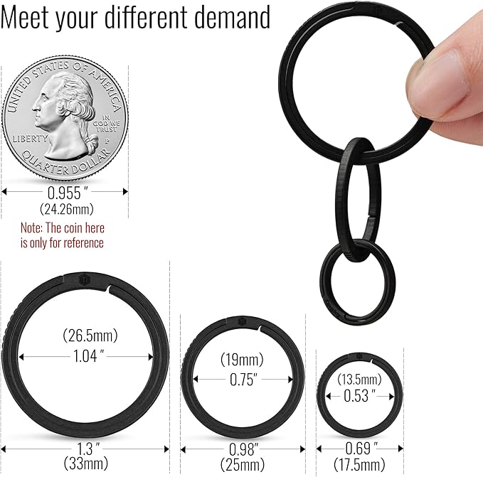 KeyUnity Titanium Flat Key Rings, 33/25/17.5mm Side Pushing Split Ring for Key Carabiner Flashlight Knife Dog ID Collar Tag