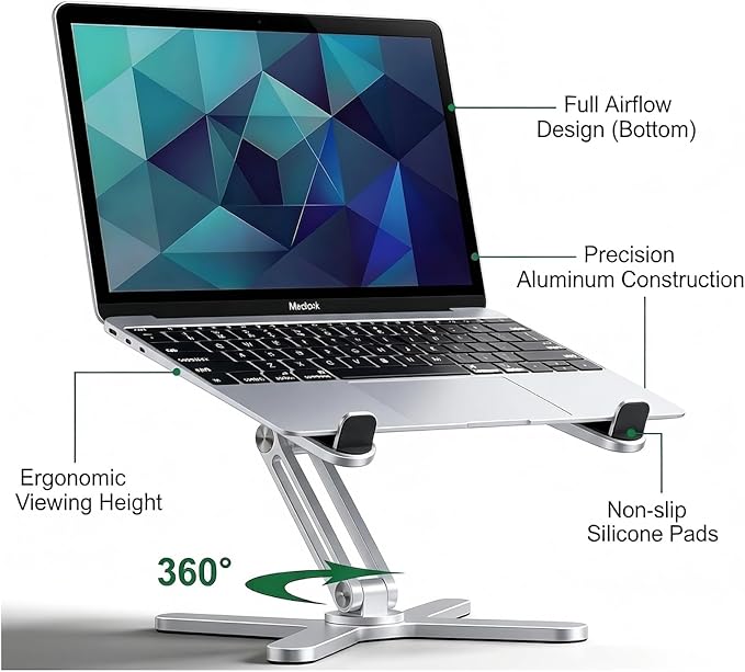 Atizzy 360 Rotating Laptop Stand for Desk, Ergonomic Foldable Aluminum Computer Riser, Adjustable Desktop Holder for Desk, Compatible with All Laptops up to 16 Inches, Silver