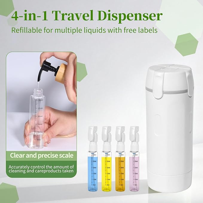 4 in 1 Travel Dispenser, Travel Bottles for Toiletries, Leak Proof Refillable Dispenser Set for Shampoo Conditioner Lotion Cream, Portable Containers for Travel, Camping & Gym (White)