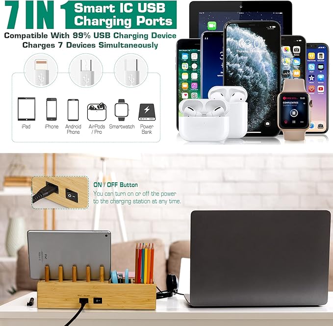 Bamboo Charging Station for Multiple Devices - Darfoo Wood Charging Dock Organizer with Drawer, 7 USB Charging Ports Compatible with Cell Phones, Tablet, Smart Watch & Earbud