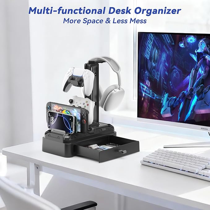 KDD Headphone Stand with Drawer - Rotatable Headset & Detachable Controller Holder for Desk - Multifunctional Organizer with Device Slot for Phones, Tablets - Universal for Gaming Accessories