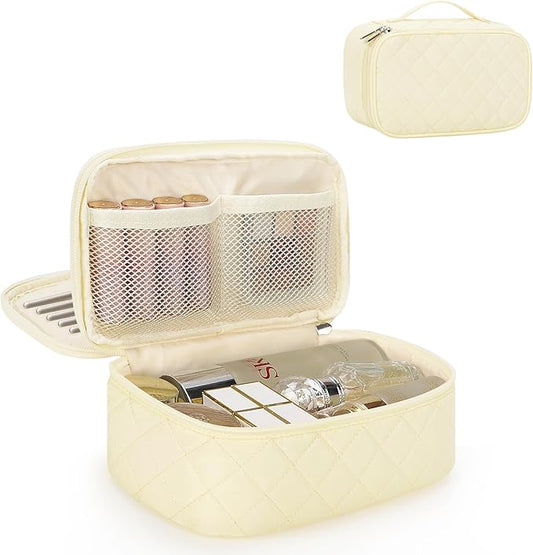 Relavel Travel Makeup Bag, Small Cosmetic Bag with Makeup Brush Compartment, Double Layer Makeup Organizer Bag, Portable Toiletry Bag Makeup Pouch for Women, White