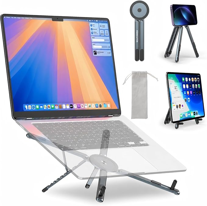 Portable Laptop Stand for Desk, 3-in-1 Adjustable Holder for MacBook, 8-Level Height & Angle, Aluminum Alloy Desktop Stand, Compatible with 4-13??iPhone, 10-16??Laptops & Tablets(Gray)