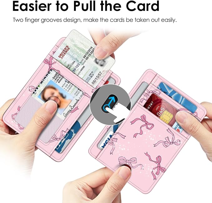 FINTIE Slim Minimalist Front Pocket Wallet, RFID Blocking Credit Card Holder Card Cases with ID Window for Men Women (Pink Bow)