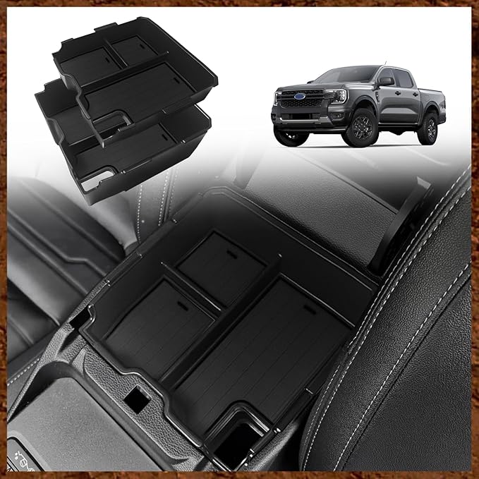 Muslogy Center Console Organizer Compatible with Ford Ranger 2024 2025 2026 & Raptor Accessories Two-Layer Storage Box Insert Tray Secondary Storage Divider Armrest Tray ABS Material Glove Box (Black)