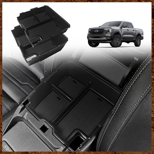 Muslogy Center Console Organizer Compatible with Ford Ranger 2024 2025 2026 & Raptor Accessories Two-Layer Storage Box Insert Tray Secondary Storage Divider Armrest Tray ABS Material Glove Box (Black)