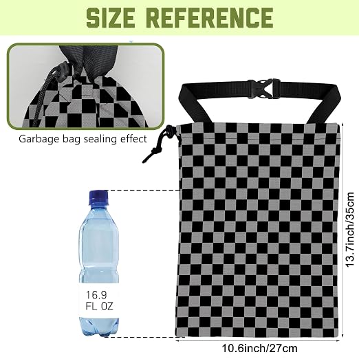 Car Trash Bag Black Gray Checkered Hanging Drawstring Car Organizer and Storage Bag with Adjustable Buckle Canvas Garbage Bin for Back Seat or Hanging Headrest Car Decor Road Trip Essentials