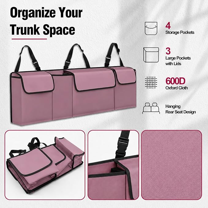 Car Trunk Organizer, Waterproof Backseat Hanging Large Storage with Adjustable Straps, Collapsible Cargo Bag with 4 Pockets, Sturdy Space Saver Frees Trunk Floor for SUV, Truck, MPV (Pink)
