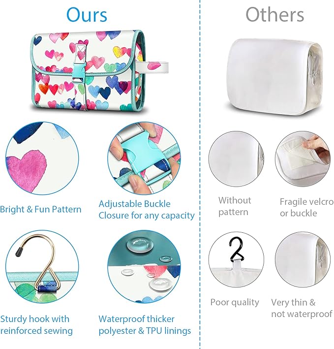 Fintie Portable Toiletry Cosmetic Travel Bag, Large Water Resistant Hanging Makeup Organizer Storage Pouch Case for Women Girls (Raining Hearts)