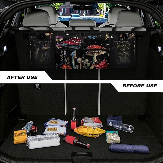 Mushroom Car Trunk Organizers,Backseat Hanging Organizer with 4 Large Storage Bag,Butterfly Black Design Bag with Lids,Road Trip Adjustable Strap Not Easy to Fade