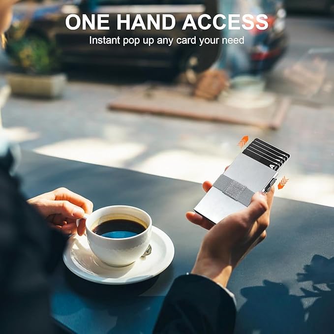 TOYFID Slim Card Holder for Men&Women Compact Metal Front Pocket Wallets Pop Up Quick Access Credit Cards Holder with RFID Blocking Expandable Backplate&Money Band,Holds 12+ Cards,Silver