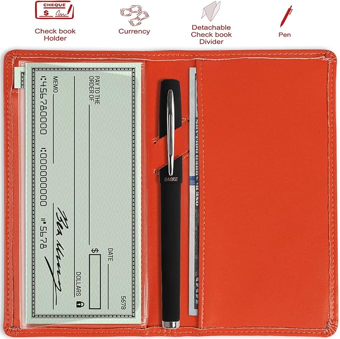 Sanlykate Leather Checkbook Cover for Men and Women, Check Book Case Card Holder with Free Divider, Standard Register Duplicate Checks with pen inserts