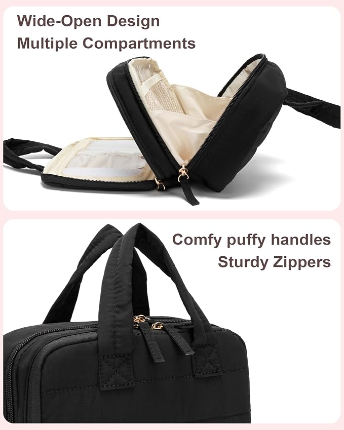 Small Makeup Bag, Travel Cosmetic bag, Toiletry Bag For Women, Make up Bag With Brush Storage, Hanging Toiletry Bag, Puffy Padded Makeup Organizer Case, Wide-open Travel Essentials (Black)