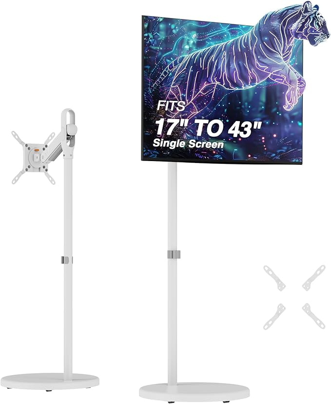 AVLT Single 17 to 43 Inch Portable Monitor Arm TV Rolling Stand with Heavy Base for Screens Up to 22 lbs, Mechanical Spring Height Adjustment, Screen Rotation, Mobile Low Profile Caster Wheel, White