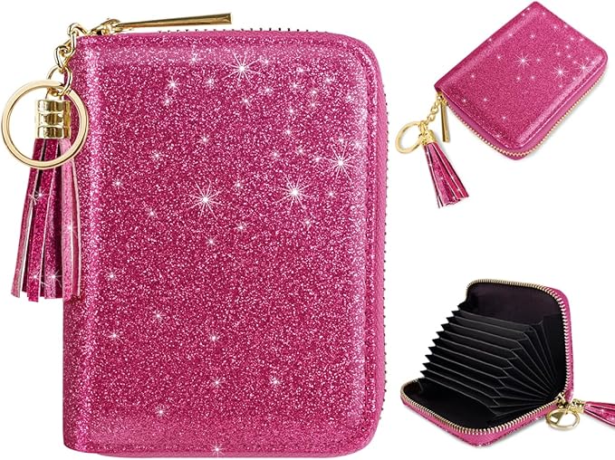 Coco Rossi Leather Credit Card Wallet for Women, RFID Blocking Zipper Cards Holder with Tassel, Rosy Glitter