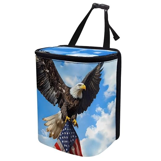 Biyejit Eagle American Flag Car Trash Can with Lid and Storage Pockets, Vehicle Trash Bag Waterproof Car Dustbin Garbage Bin Organizer, Leak-Proof Hanging Cars Storage Bag Container for SUV Auto