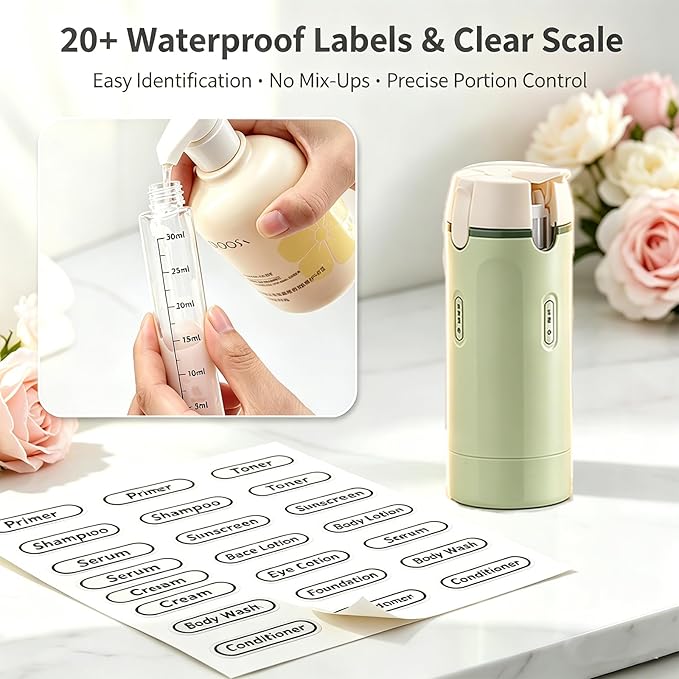 4 in 1 Travel Dispenser, Travel Bottles for Toiletries, No Squeeze Press Dispenser 30ML Leak Proof Travel Containers, Portable Refillable Shampoo Lotion Conditioner Bottles with Labels(2White)