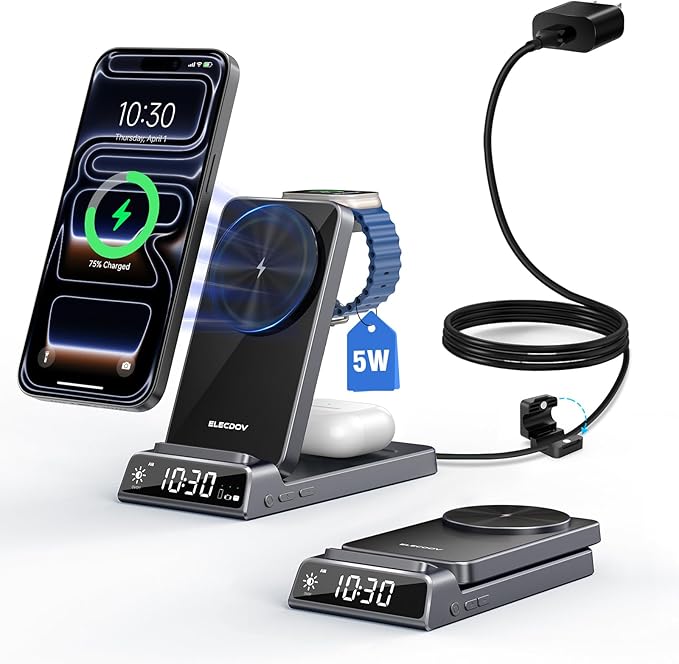 3 in 1 Charging Station for Apple, Magnetic Charger for iPhone, Foldable Wireless Charger with Clock, Travel Watch Charger Stand for iPhone 17/Air/16/15 Series, iWatch 10/AirPods 4 (Grey)