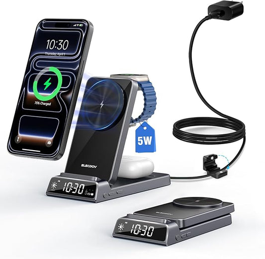 3 in 1 Charging Station for Apple, Magnetic Charger for iPhone, Foldable Wireless Charger with Clock, Travel Watch Charger Stand for iPhone 17/Air/16/15 Series, iWatch 10/AirPods 4 (Grey)