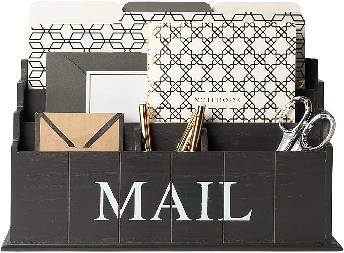 BLU MONACO Espresso Brown Wooden Mail Organizer | 3-Tier Rustic Desktop Mail Sorter for Kitchen Counter or Office | Wooden Letter Holder and Bill Storage Caddy | 12.5” x 4.5” x 7” Countertop Organizer