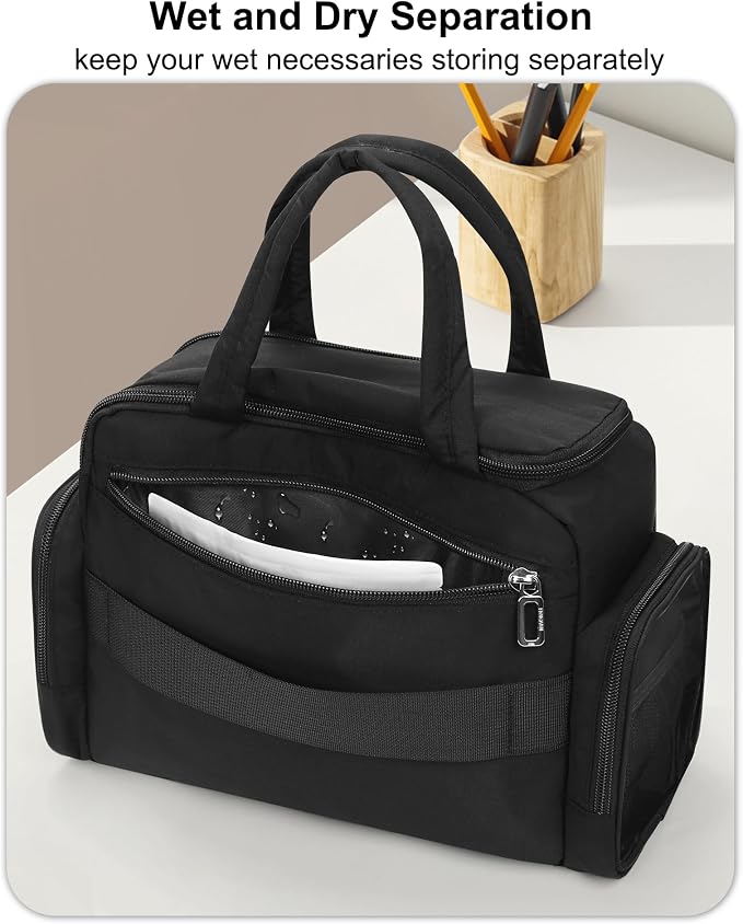 Travel Makeup Bag, Lightweight Wide-open Toiletry Bag for Women, Portable Cosmetic Bag Organizer with Handle for Accessories, Brushes Set, Travel-Sized Container for Trip, Camping - Black