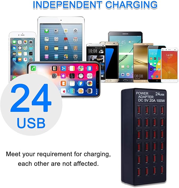 24-Port 100 watt (20 A) USB Charging Station, Home Desktop Fast Charger, Multiple Chargers, Suitable for Hotels, Shops, Schools, Shopping malls and Travel