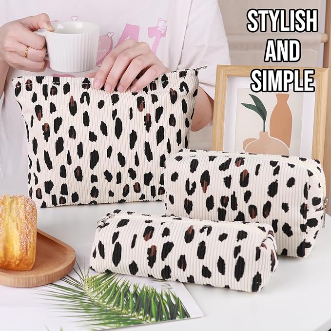 3 Pcs Makeup Bag Cosmetic Bag Set for Girls Women Travel Organizer Bathroom Toiletry Pouch Large Capacity Storage Bag (Leopard Beige)