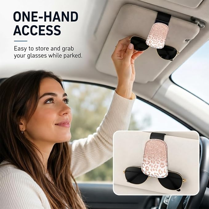 Leather Magnetic Sunglass Holder for Car Sun Visor, Cute Eyeglass Ticket Card Hanger Clip, Universal Auto Interior Accessories for SUV Pickup Truck, Ombre Leopard