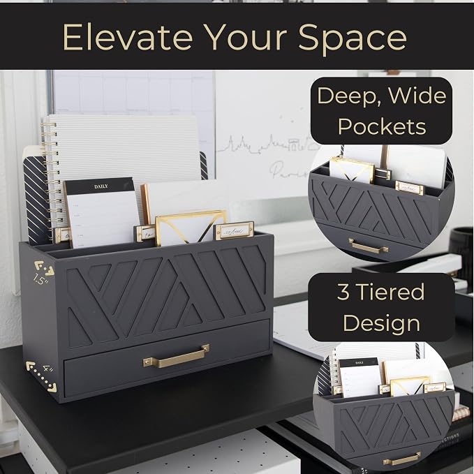 BLU MONACO | Grey Three-Tier Desktop Mail Organizer with Gold Label Holders & Drawer | Stylish Mail Holder and Countertop Document Storage for Home or Office