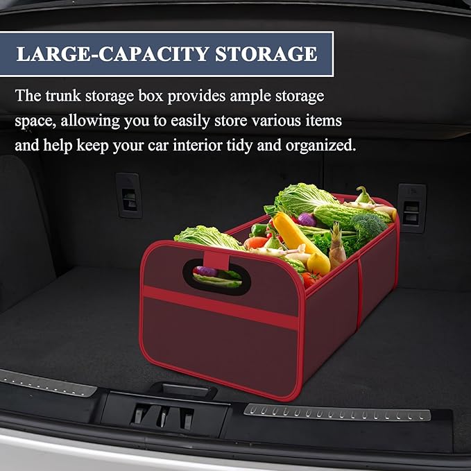 Car Trunk Organizer, Foldable Car Trunk Storage Box with 2 Compartments & Mesh Pocket, Large Capacity, Portable with Handle, Collapsible Backseat Storage Organizer for SUV Truck Sedan (Red)