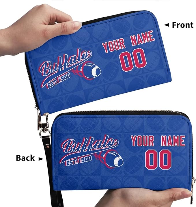 Custom Sports Team Zip Organizer Wallet-Personalized PU Leather Wallet with Name Number,Multi-Card Slots,Wrist Strap,Fan Gift for Men Women.