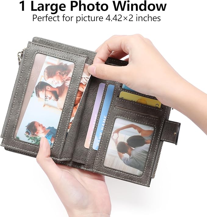 GOIACII Womens Wallets RFID Blocking Leather Trifold Clutch Wallet Credit Card Holder Ladies Purse 3 ID Windows Grey