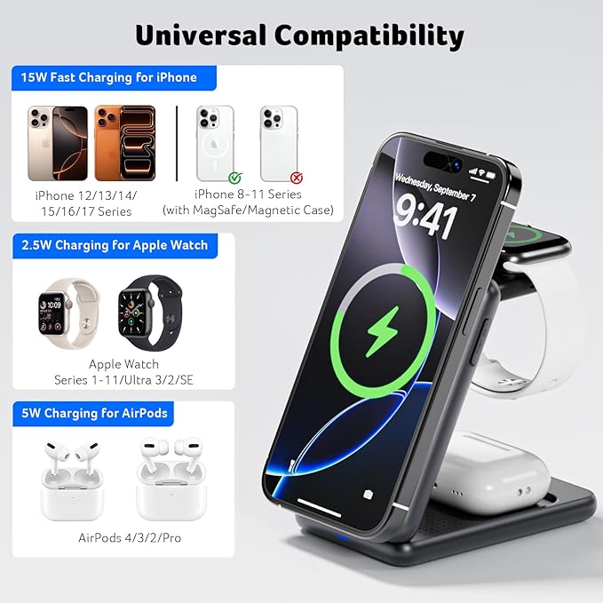 Acer 3 in 1 Charging Station for Apple Device, Magnetic Wireless Foldable Fast Charger Stand Compatible with MagSafe for iPhone, Apple Watch & AirPods, Foldable Charging Dock for Desk S3