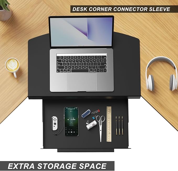Clamp on Desk Corner Sleeve with Drawer, L Desk Connector Platform with Mounting Under Desk Drawer Hanging Corner Desk for Extender Desk Space