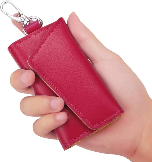 BAKUN Compact Leather Car Key Case, Key Holder Key Organizer Wallet, With 6 Hooks(RoseRed)