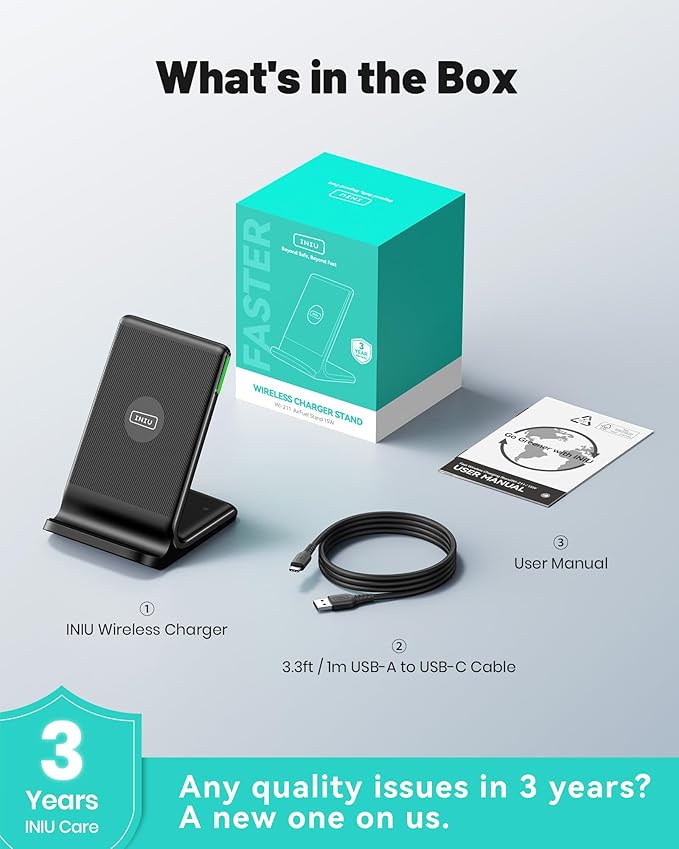 INIU Wireless Charger, 15W Fast Wireless Charging Station with Sleep-Friendly Adaptive Light Compatible with iPhone 17 16 15 14 13 12 Pro Max Samsung Galaxy S25 S24 S23 Note 20 Google etc