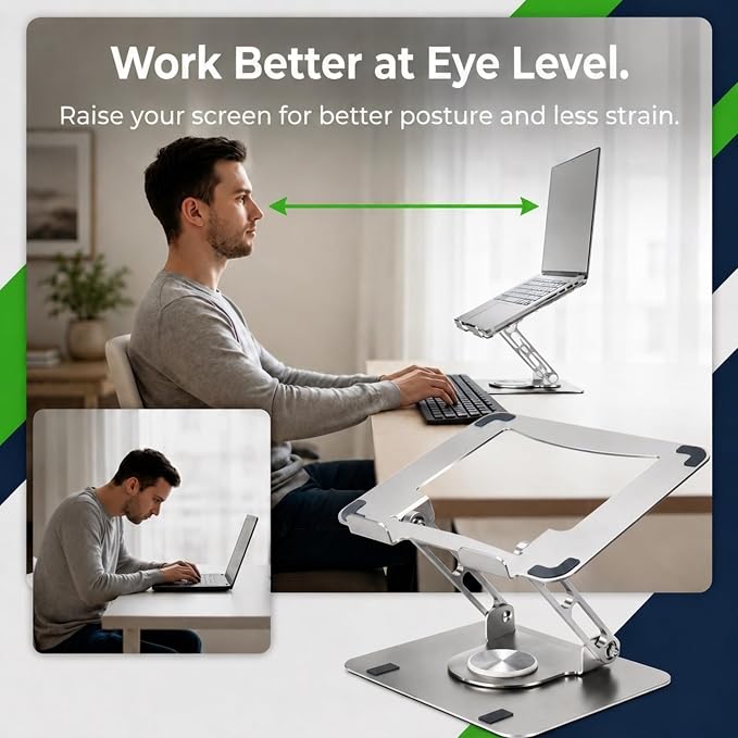 Uncaged Ergonomics Swivel Laptop Stand for Desk, Adjustable Computer iPad Stand for Desk w/ 360 Rotation, Portable Laptop Holder for Home Office Ergonomic Supplies (Arctic Silver)