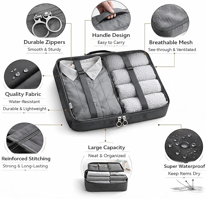 7 Set Packing Cubes For Travel | Luggage Organizer Bags With Shoe, Laundry Bag, Accessory Pouch And Lingerie Bag | Durable And Space Saving Suitcase Organizer For Travel Essentials | Grey