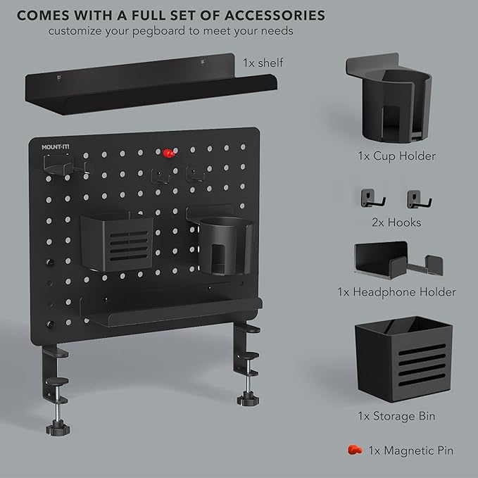 Mount-It! Clamp-On Pegboard Organizer | Adaptable Desk Storage for Home Office, Gaming & Crafting | Easily Organize Essentials with Shelf, Cup Holder & Hooks (Black)