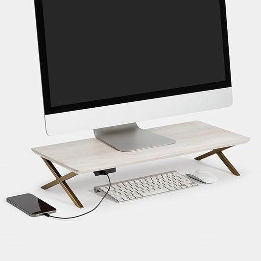 Anji Mountain Monitor Stand - Desktop Organizer & Laptop Riser, Ergonomic Monitor Riser, Space-Saving Monitor Stand for Desk, Durable Construction, Easy Assembly, Ideal for Home & Office,White Wash