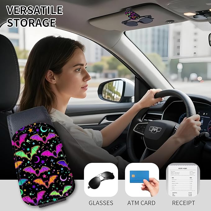 Sunglasses Holder for Car Visor, PU Leather Glasses Clip Organizer, Cute Magnetic Eyeglass Holder for Vehicle Sun Visor, Car Interior Accessory for Women & Men Purple Bats Sky