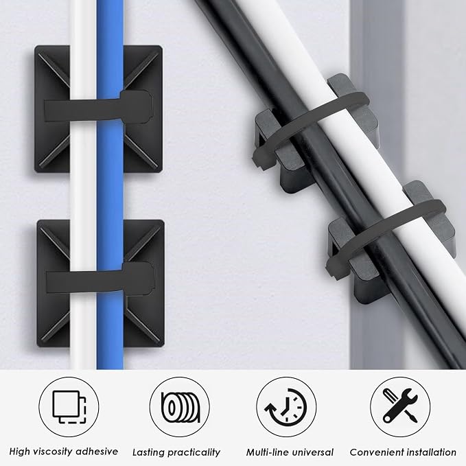 smseace 360Pcs Strong Back-Glue Self Adhesive Black Cable Zip Tie Mounts Kit with 6inch Zip Ties and Screws, UV Protection Outdoor Sticky Wire Fasteners Cable Clips Management